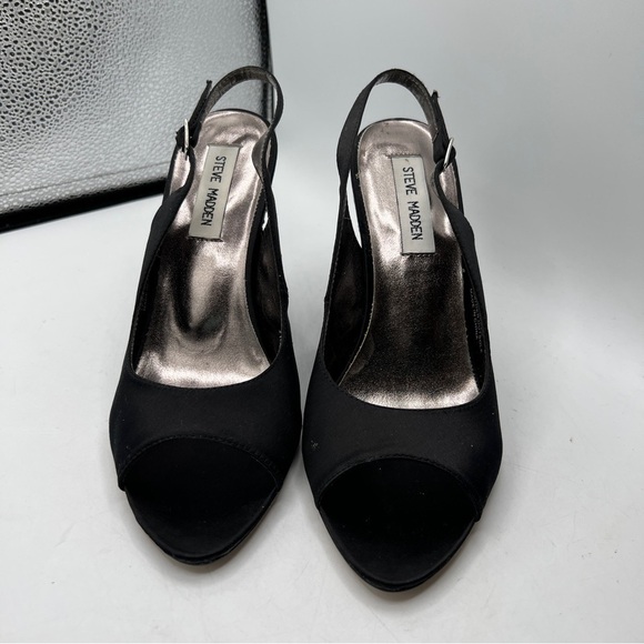 Steve Madden Shimer Black Slingback Buckle Sequin Peep Round Toe Wedge Heels - Picture 10 of 10